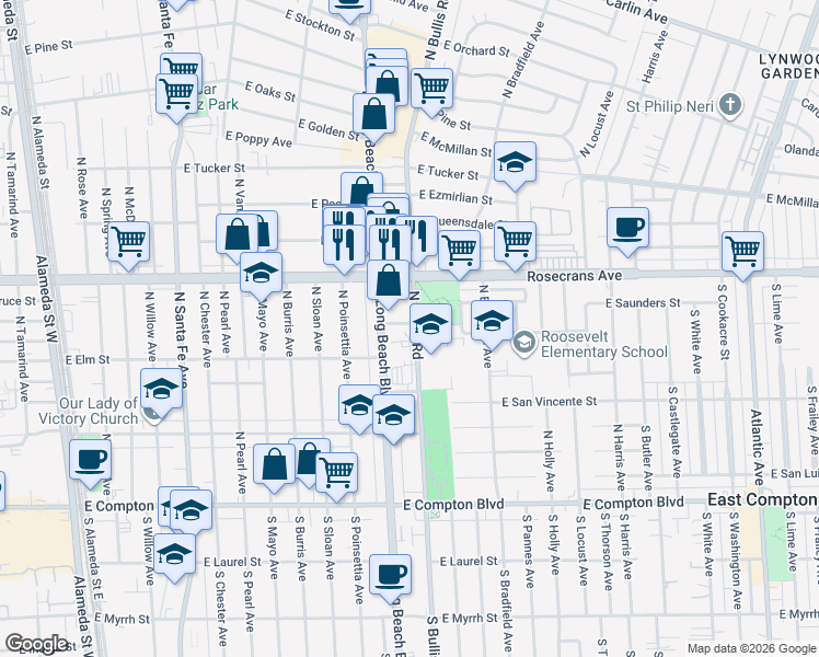 map of restaurants, bars, coffee shops, grocery stores, and more near 1430 East Pattie Court in Compton