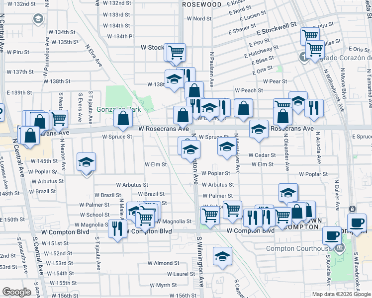 map of restaurants, bars, coffee shops, grocery stores, and more near 821 West Cedar Street in Compton