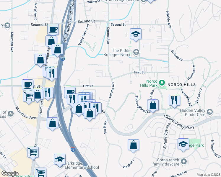 map of restaurants, bars, coffee shops, grocery stores, and more near 1390 Corona Avenue in Norco