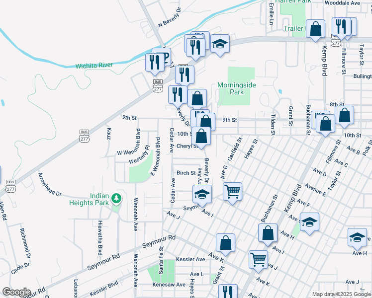 map of restaurants, bars, coffee shops, grocery stores, and more near 3215 Cheryl Street in Wichita Falls