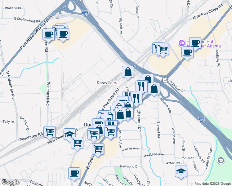 map of restaurants, bars, coffee shops, grocery stores, and more near Park Avenue in Doraville