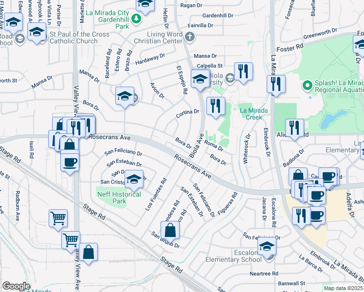 map of restaurants, bars, coffee shops, grocery stores, and more near 14630 Bora Drive in La Mirada