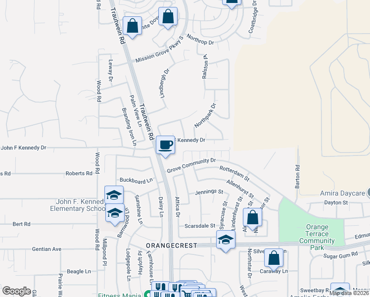 map of restaurants, bars, coffee shops, grocery stores, and more near 8244 Arancino Court in Riverside