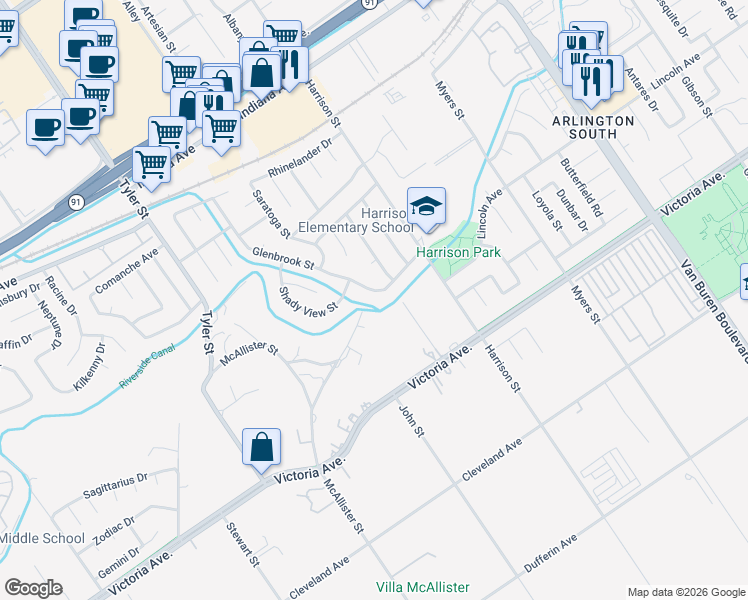 map of restaurants, bars, coffee shops, grocery stores, and more near 10008 Glenbrook Street in Riverside