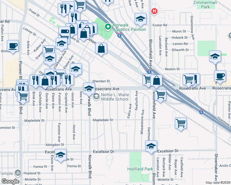 map of restaurants, bars, coffee shops, grocery stores, and more near 12350 Rosecrans Avenue in Norwalk