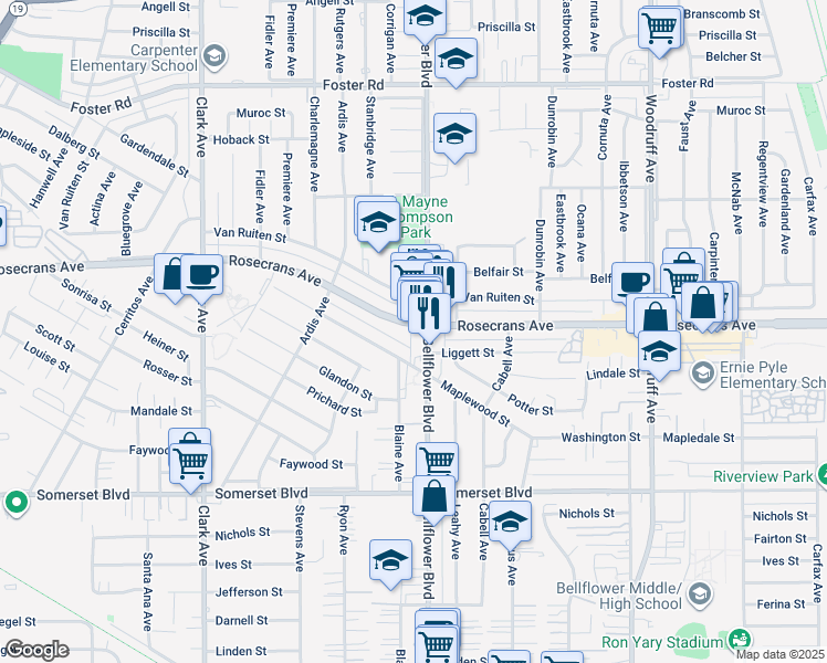 map of restaurants, bars, coffee shops, grocery stores, and more near 9733 Maplewood Street in Bellflower