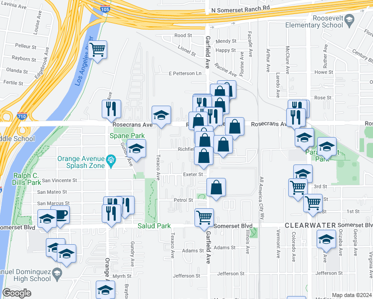 map of restaurants, bars, coffee shops, grocery stores, and more near 7332 Richfield Street in Paramount