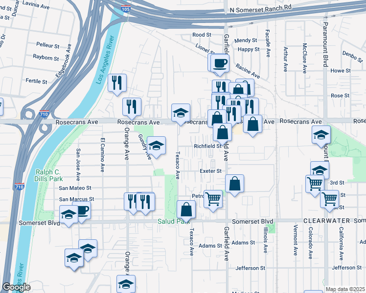 map of restaurants, bars, coffee shops, grocery stores, and more near 14512 Texaco Avenue in Paramount