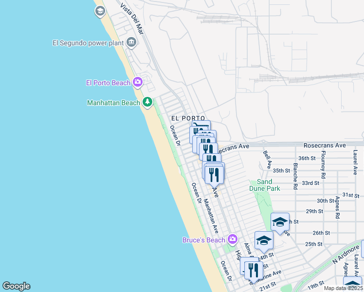 map of restaurants, bars, coffee shops, grocery stores, and more near 205 38th Street in Manhattan Beach