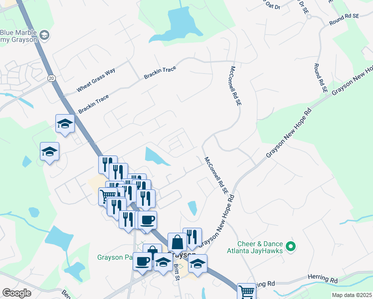 map of restaurants, bars, coffee shops, grocery stores, and more near 744 Clark Lake Estates Drive in Grayson