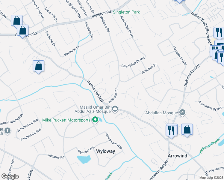 map of restaurants, bars, coffee shops, grocery stores, and more near 5411 Williams Road in Norcross
