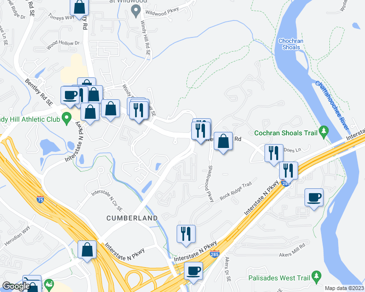 map of restaurants, bars, coffee shops, grocery stores, and more near 510 Windy Ridge Parkway Southeast in Atlanta
