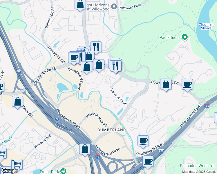 map of restaurants, bars, coffee shops, grocery stores, and more near 1300 Parkwood Circle Southeast in Atlanta