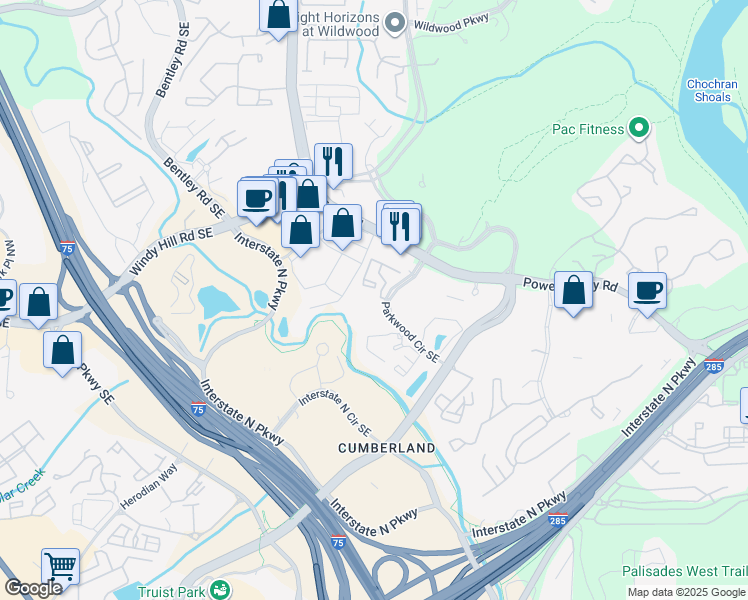 map of restaurants, bars, coffee shops, grocery stores, and more near 1300 Parkwood Circle Southeast in Atlanta