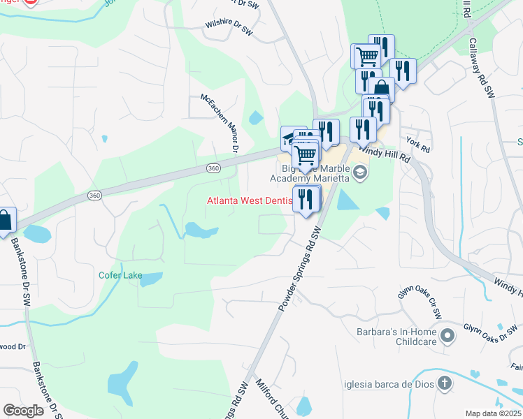 map of restaurants, bars, coffee shops, grocery stores, and more near 1877 Grove Field Lane in Marietta