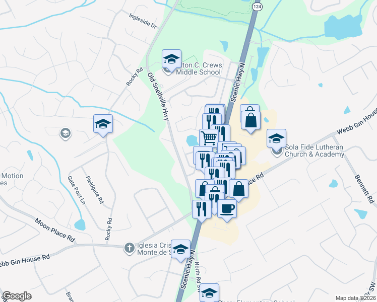 map of restaurants, bars, coffee shops, grocery stores, and more near 1481 Leisure Lake Lane in Lawrenceville