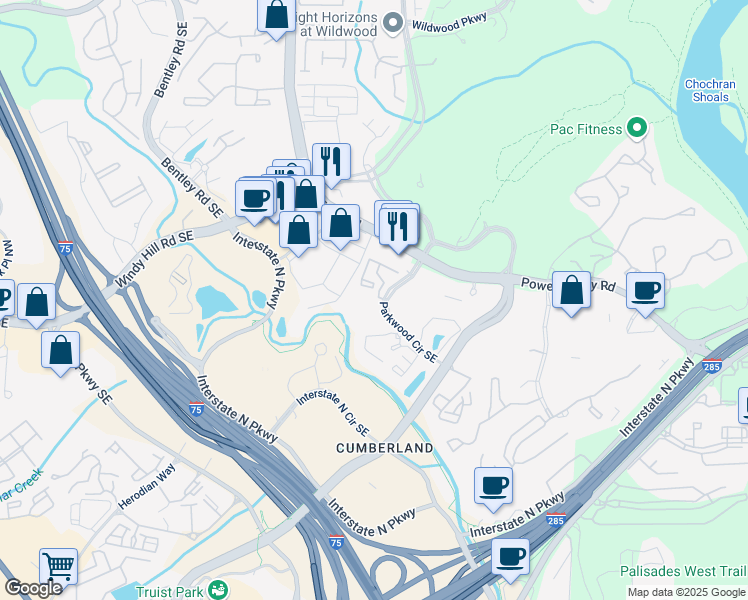 map of restaurants, bars, coffee shops, grocery stores, and more near 1300 Parkwood Circle Southeast in Atlanta