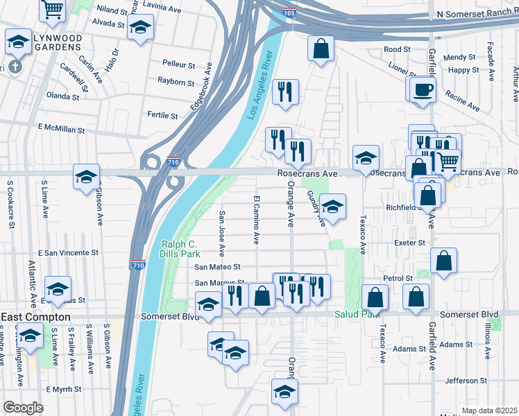 map of restaurants, bars, coffee shops, grocery stores, and more near 6817 San Juan Street in Paramount