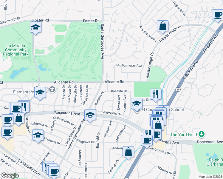 map of restaurants, bars, coffee shops, grocery stores, and more near 15819 Rosalita Drive in La Mirada