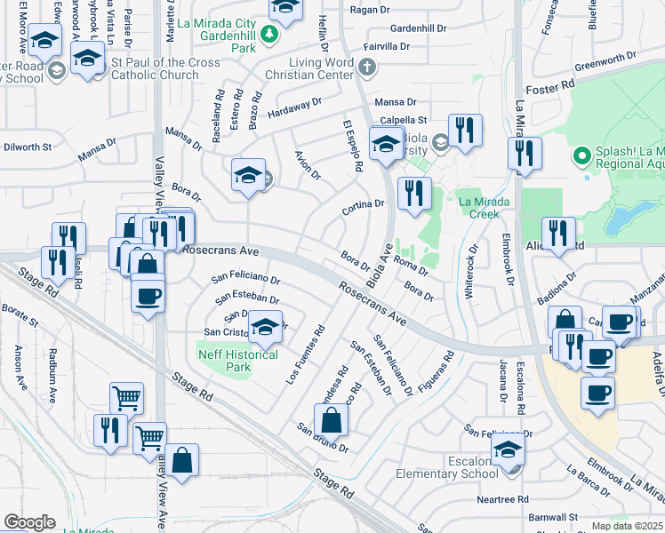 map of restaurants, bars, coffee shops, grocery stores, and more near 14603 Rosecrans Avenue in La Mirada