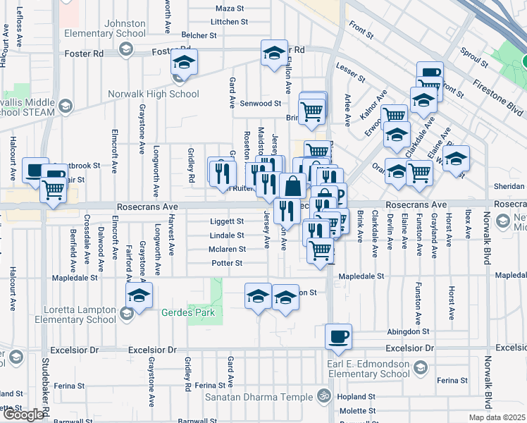 map of restaurants, bars, coffee shops, grocery stores, and more near 14324 Jersey Avenue in Norwalk