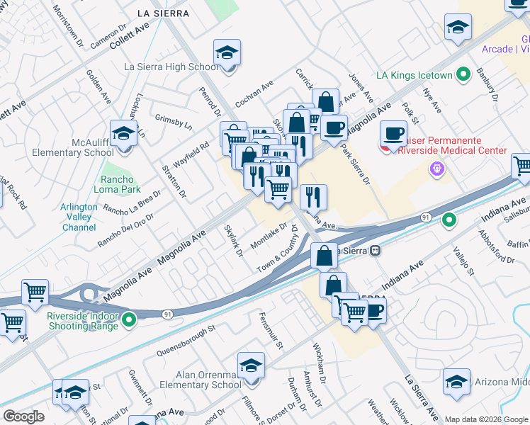 map of restaurants, bars, coffee shops, grocery stores, and more near 11189 Royal Palm Boulevard in Riverside