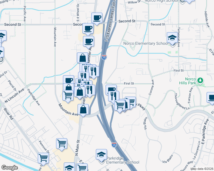 map of restaurants, bars, coffee shops, grocery stores, and more near in Norco
