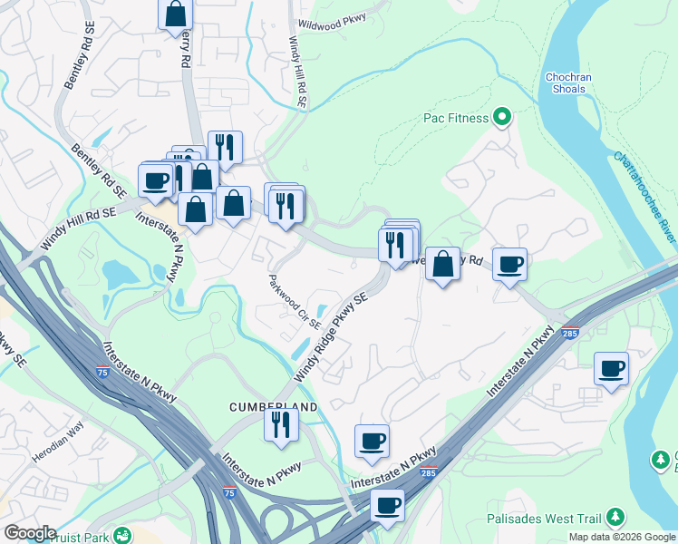 map of restaurants, bars, coffee shops, grocery stores, and more near 1000 Parkwood Circle Southeast in Atlanta