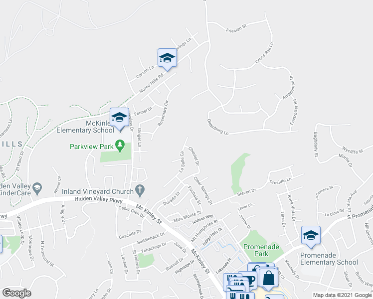 map of restaurants, bars, coffee shops, grocery stores, and more near 1031 La Salle Circle in Corona