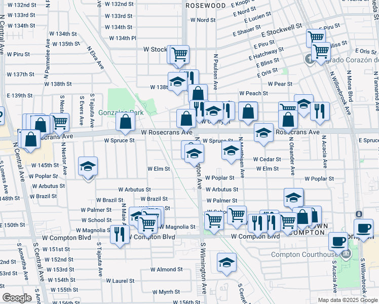 map of restaurants, bars, coffee shops, grocery stores, and more near 814 West Maple Street in Compton