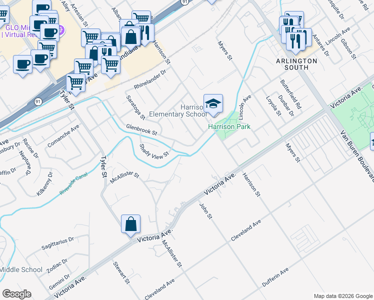 map of restaurants, bars, coffee shops, grocery stores, and more near 10008 Glenbrook Street in Riverside