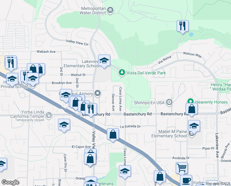 map of restaurants, bars, coffee shops, grocery stores, and more near 4121 Casa Loma Avenue in Yorba Linda