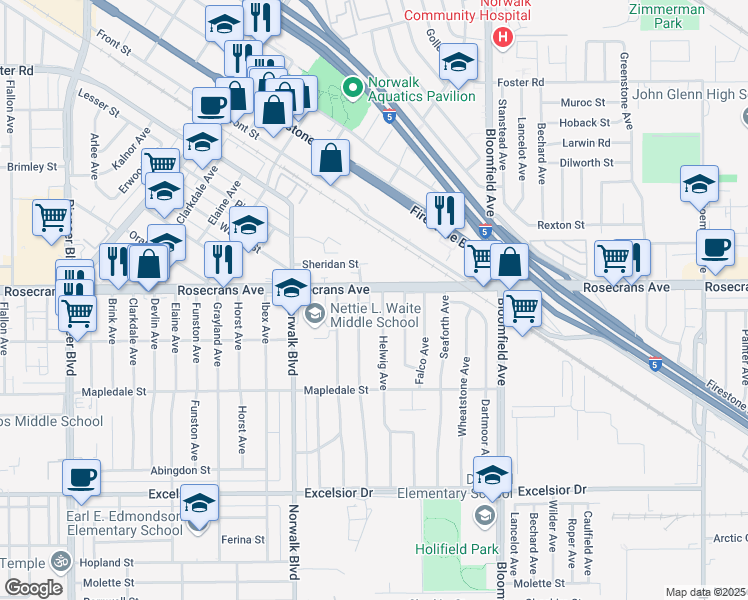 map of restaurants, bars, coffee shops, grocery stores, and more near 12350 Rosecrans Avenue in Norwalk