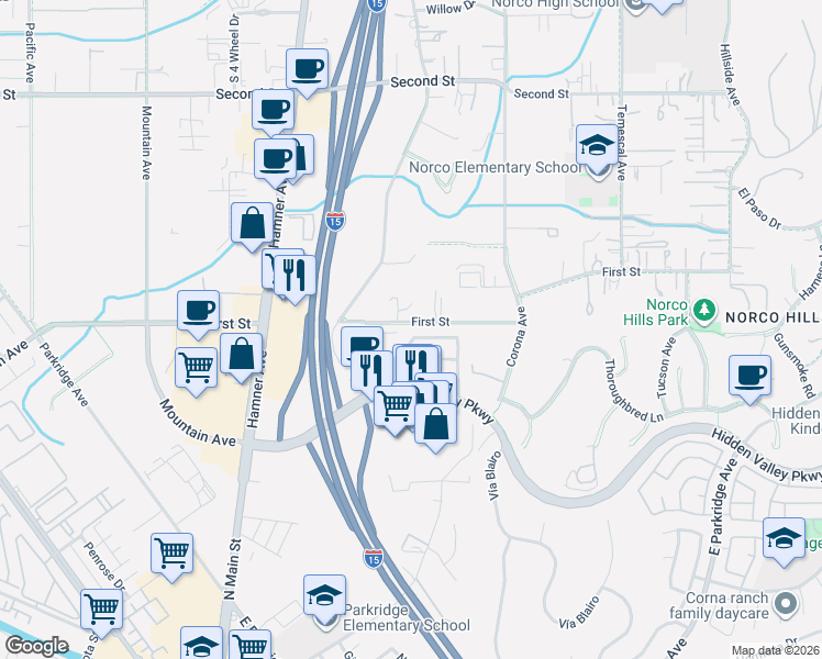 map of restaurants, bars, coffee shops, grocery stores, and more near 524 Cedarbrook Lane in Corona
