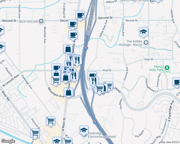 map of restaurants, bars, coffee shops, grocery stores, and more near 1590 1st Street in Norco