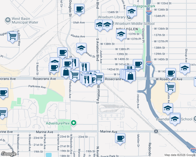map of restaurants, bars, coffee shops, grocery stores, and more near Rosecrans Ave & Aviation Blvd in Hawthorne