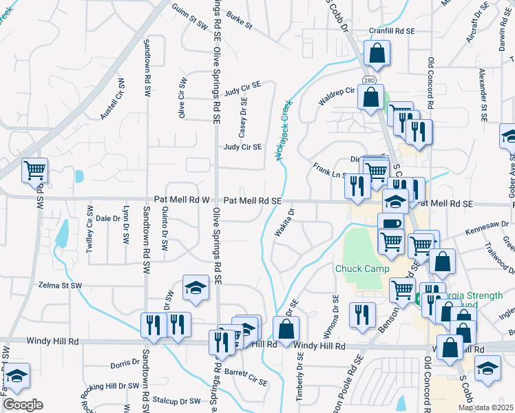 map of restaurants, bars, coffee shops, grocery stores, and more near 115 Peachtree Circle Southeast in Marietta