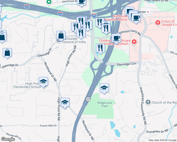 map of restaurants, bars, coffee shops, grocery stores, and more near 230 Sheridan Point Lane Northeast in Atlanta