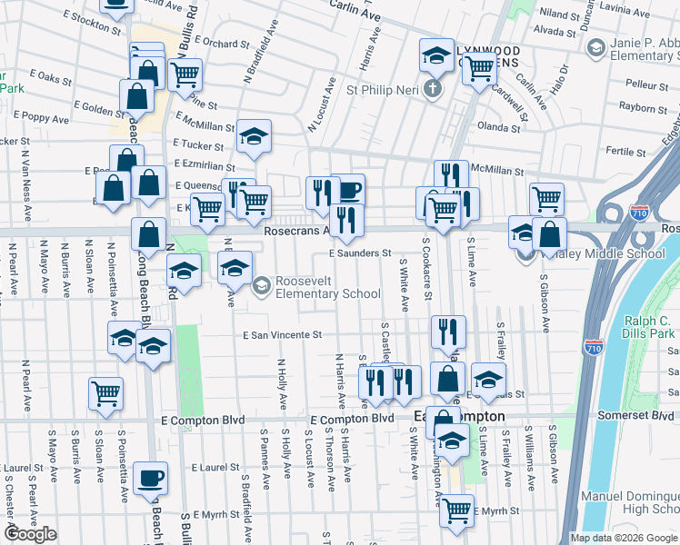 map of restaurants, bars, coffee shops, grocery stores, and more near 14424 South Harris Avenue in Compton