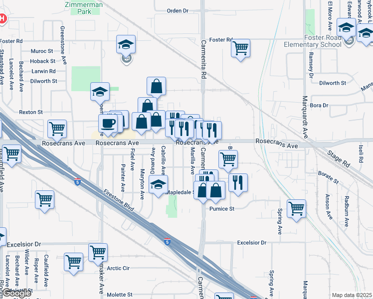 map of restaurants, bars, coffee shops, grocery stores, and more near 14320 Claressa Avenue in Norwalk