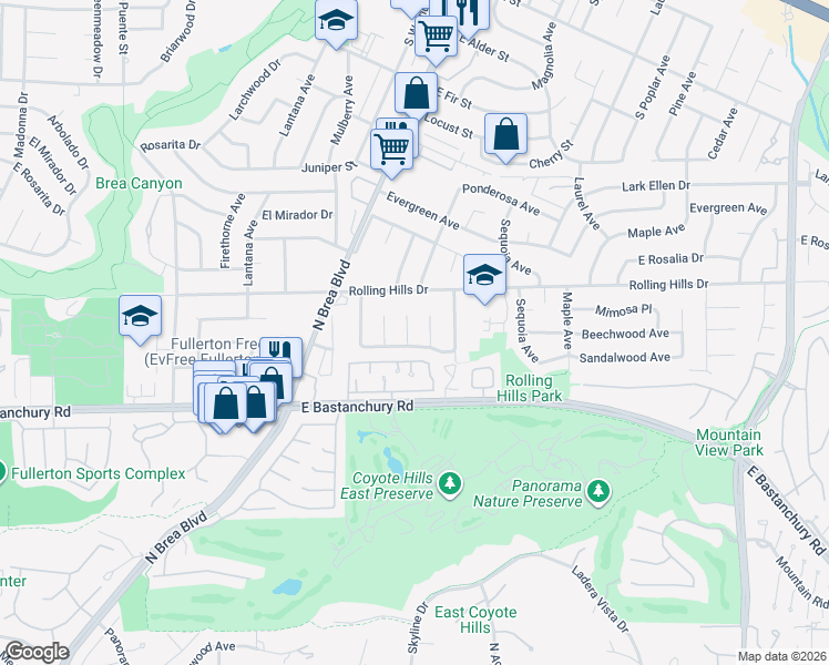 map of restaurants, bars, coffee shops, grocery stores, and more near 2800 Hemlock Place in Fullerton