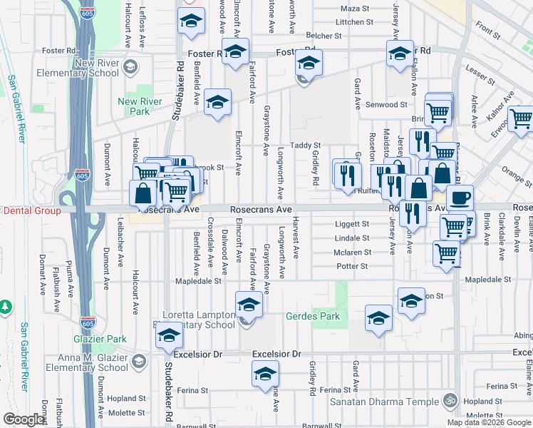 map of restaurants, bars, coffee shops, grocery stores, and more near 11259 Liggett Street in Norwalk
