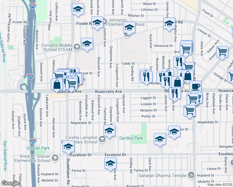 map of restaurants, bars, coffee shops, grocery stores, and more near 11259 Liggett Street in Norwalk