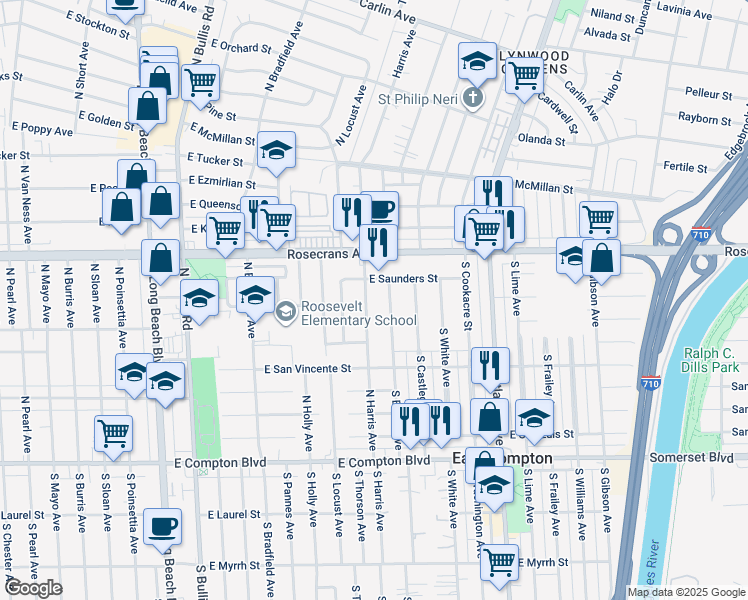 map of restaurants, bars, coffee shops, grocery stores, and more near 14424 South Harris Avenue in Compton