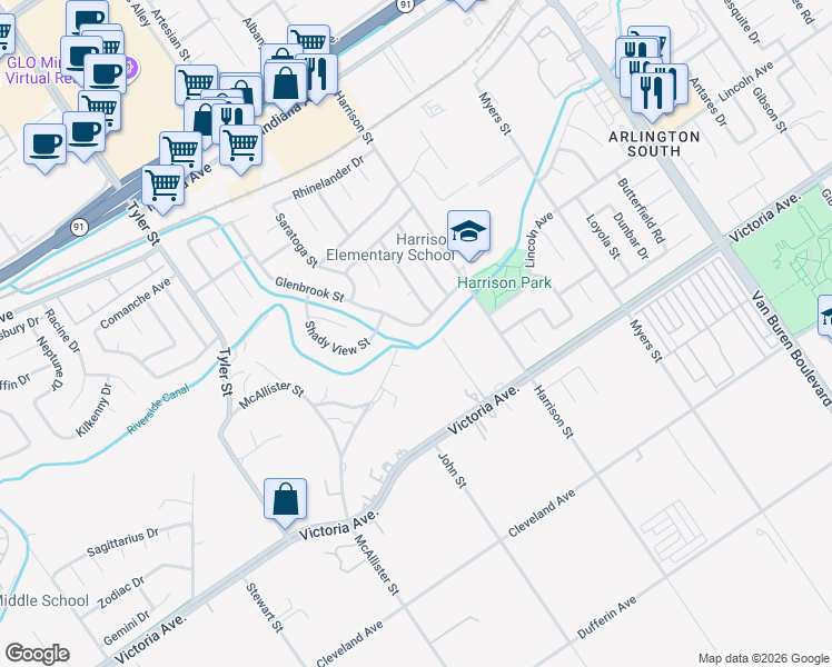 map of restaurants, bars, coffee shops, grocery stores, and more near 10008 Glenbrook Street in Riverside