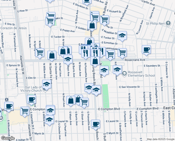 map of restaurants, bars, coffee shops, grocery stores, and more near 812 North Poinsettia Avenue in Compton