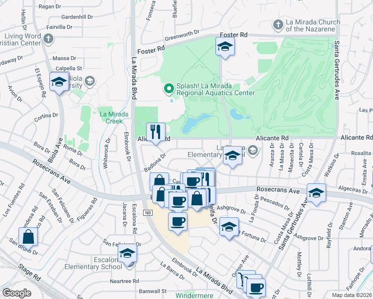 map of restaurants, bars, coffee shops, grocery stores, and more near 14304 Bluefield Avenue in La Mirada