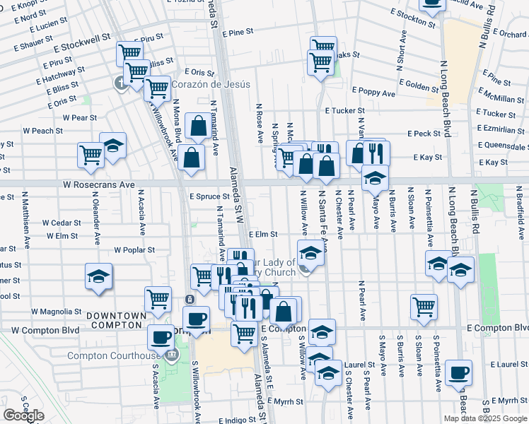 map of restaurants, bars, coffee shops, grocery stores, and more near 815 North Rose Avenue in Compton