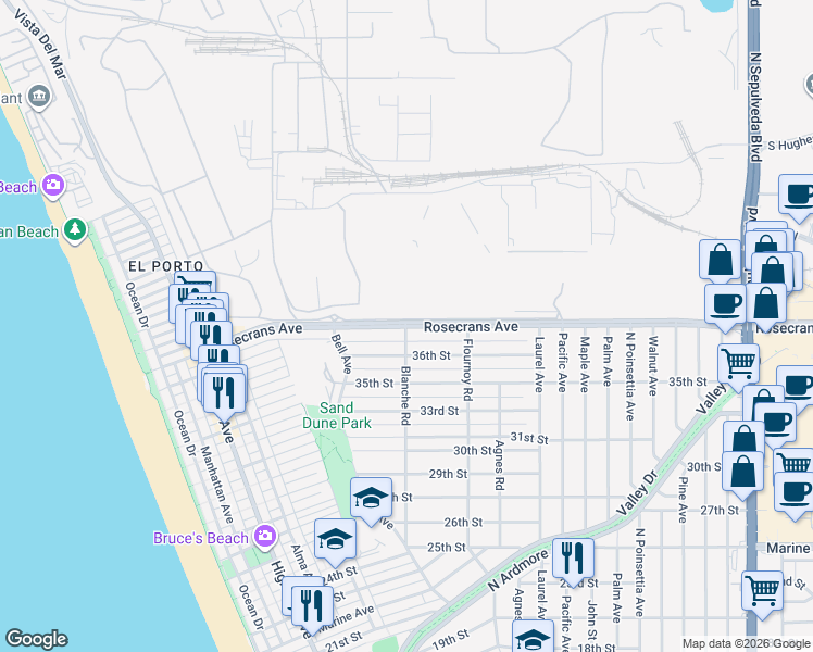 map of restaurants, bars, coffee shops, grocery stores, and more near Rosecrans Ave & Blanche Rd in Manhattan Beach