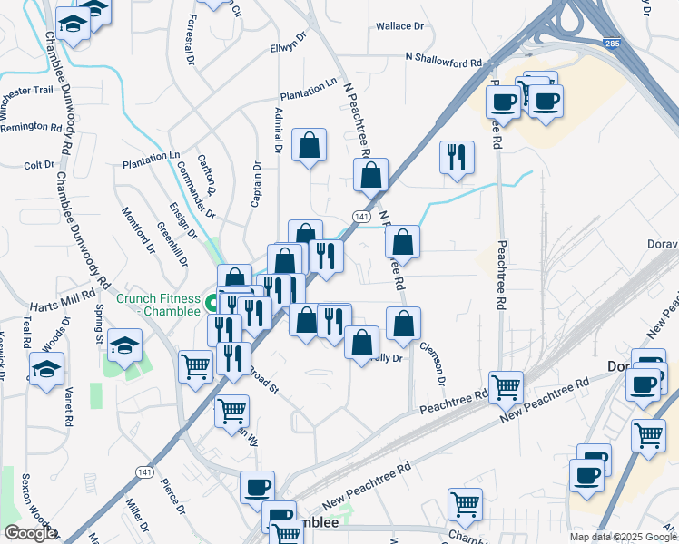 map of restaurants, bars, coffee shops, grocery stores, and more near 5647 Peachtree Boulevard in Chamblee